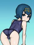  1girl arm_support ass bangs bare_shoulders bent_over blue_eyes blue_hair blunt_bangs closed_mouth cowboy_shot female from_behind hairband nintendo npc npc_trainer one-piece_swimsuit pokemon pokemon_(anime) pokemon_(game) pokemon_sm shiny shiny_skin simple_background smile solo suiren_(pokemon) swimsuit trial_captain wabaki 