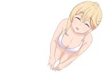  1girl bare_arms bare_legs bare_shoulders bikini blonde_hair breasts cleavage eyes_closed from_above hair_between_eyes hands_together happy highres kneeling large_breasts legs legs_together open_mouth simple_background smile solo sunohara_ayaka sunoharasou_no_kanrinin-san swimsuit thighs white_background white_bikini 