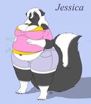  2014 anthro barefoot belly big_belly big_breasts black_fur blue_background blue_eyes breasts cleavage clothed clothing coaster14 digital_media_(artwork) english_text female fur hair hand_on_stomach huge_breasts jessica_(coaster14) looking_at_viewer mammal obese overweight plantigrade simple_background skunk smile solo standing text thick_thighs white_belly white_fur white_hair wide_hips worried 