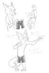  2017 akiric anthro black_and_white briefs canine clothed clothing dialogue disney duo english_text female fox hopping judy_hopps lagomorph male mammal monochrome nick_wilde pose rabbit simple_background smile text topless underwear white_background zootopia 
