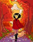  2016 anthro black_hair boots clothing dbaru detailed_background digital_media_(artwork) fall female footwear gloves green_eyes hair kitty_katswell leaves looking_up nickelodeon smile sweater t.u.f.f._puppy vest walking 