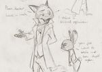  2017 anthro black_and_white canine clothed clothing crossover dialogue disney duo english_text female fox hand_behind_back judy_hopps lagomorph male mammal monochrome monoflax nick_wilde rabbit scarf sherlock_(series) simple_background text trenchcoat white_background zootopia 