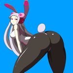  animal_ears arched_back ass bent_over blue_background breasts bunny_ears bunny_tail covered_nipples electro_emilia from_behind ken_(koala) large_breasts long_hair looking_back neon_trim original pantyhose red_eyes simple_background skin_tight solo tail white_hair 