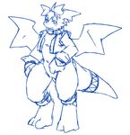  clothing dragon gloves hair kuroma looking_at_viewer male monochrome reptile scalie sketch smile solo vest wings 