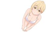  1girl bare_arms bare_legs bare_shoulders bikini blonde_hair breasts cleavage closed_mouth from_above hair_between_eyes hands_together highres kneeling large_breasts legs legs_together looking_at_viewer matching_hair/eyes simple_background smile solo sunohara_ayaka sunoharasou_no_kanrinin-san swimsuit thighs white_background white_bikini yellow_eyes 