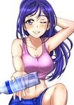  blue_hair blush bottle breasts cleavage earrings hand_behind_head highres jewelry large_breasts long_hair looking_at_viewer love_live! love_live!_sunshine!! matsuura_kanan midriff one_eye_closed outstretched_hand ponytail purple_eyes rushsoldier smile solo water_bottle 