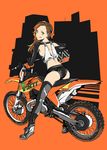  1girl breasts brown_hair green_eyes ground_vehicle headwear_removed helmet helmet_removed highres long_hair looking_back motor_vehicle motorcycle motorcycle_helmet shoes sideboob sneakers solo thighhighs tongue tongue_out yoshito 