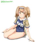  absurdres barefoot breasts full_body hairband hand_on_own_thigh highres i-26_(kantai_collection) kantai_collection large_breasts legs_together light_brown_eyes light_brown_hair long_hair looking_at_viewer new_school_swimsuit roppako sailor_collar school_swimsuit short_sleeves sitting solo swimsuit swimsuit_under_clothes twitter_username two-tone_hairband two_side_up 