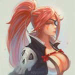  artist_name baiken breasts cleavage closed_mouth collared_jacket eyepatch facial_mark facial_tattoo grey_background guilty_gear guilty_gear_xrd jacket_on_shoulders japanese_clothes kimono koyorin large_breasts lips long_hair looking_at_viewer looking_to_the_side open_clothes open_kimono pink_lips ponytail red_eyes red_hair simple_background skull_print solo tattoo tied_hair upper_body 