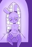  2017 anthro armband band-aid bandage clothing digital_media_(artwork) disfigure ear_bands female flat_chested frown half-closed_eyes lagomorph legwear looking_at_viewer makeup mammal navel nude pose presenting pussy rabbit sitting slightly_chubby solo spikes spread_legs spreading thigh_highs torn_clothing window 