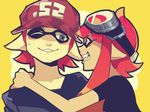  1girl baseball_cap biting blue_eyes commentary_request couple domino_mask ear_biting fangs goggles goggles_on_head hat inkling mask nana_(raiupika) one_eye_closed red_eyes red_hair smile splatoon_(series) splatoon_1 tentacle_hair 