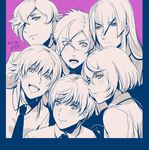  :d eyes_visible_through_hair hair_over_one_eye higekiri_(touken_ranbu) hizamaru_(touken_ranbu) ichigo_hitofuri kousetsu_samonji male_focus mizuhara_aki monochrome multiple_boys necktie open_mouth smile touken_ranbu tsurumaru_kuninaga uguisumaru upper_body 