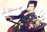  1boy 2girls breasts candy coin droite eyes_closed frills gauche gloves green_hair grey_eyes hair_ornament hat heart multiple_girls open_mouth pants purple_hair red_eyes red_hair short_hair suit tales_of_(series) tales_of_vesperia top_hat twintails yeager 