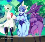  2016 anthro big_breasts blue_eyes blue_hair bottomless breasts clothed clothing eeveelution english_text female gardevoir gloves green_hair group hair hi_res humanoid licking licking_lips looking_at_viewer mismagius nintendo nipples outside pok&eacute;mon purple_hair pussy red_eyes standing tacoheadshark text tongue tongue_out vaporeon video_games wide_hips 