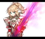  armor blonde_hair chocoan clarent fate/apocrypha fate_(series) green_eyes high_ponytail long_hair mordred_(fate) mordred_(fate)_(all) ponytail smile solo sword weapon 