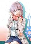  alternate_costume coat commentary_request earbuds earphones fate/grand_order fate_(series) glasses highres mash_kyrielight purple_eyes purple_hair red_scarf scarf sezoku short_hair single_earphone_removed sitting skirt solo 