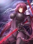 blush bodysuit breasts commentary_request covered_navel dual_wielding fate/grand_order fate_(series) gae_bolg highres holding holding_weapon large_breasts lightning long_hair looking_at_viewer midoriiro_no_shinzou pauldrons polearm purple_bodysuit purple_hair red_eyes scathach_(fate)_(all) scathach_(fate/grand_order) solo sparkle spear weapon 