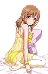  bed_sheet blush breasts brown_eyes brown_hair butt_crack commentary_request embarrassed frills hair_ornament hairpin highres kunikida_hanamaru lingerie long_hair looking_at_viewer looking_back love_live! love_live!_sunshine!! medium_breasts nightgown no_shoes panties pillow pillow_hug scrunchie see-through side-tie_panties sitting solo thighhighs underwear wariza wrist_scrunchie yellow_panties yopparai_oni 
