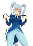  1girl blue_eyes blunt_bangs breasts eyebrows formal hair_ornament half-closed_eyes jacket leggings legs looking_at_viewer necktie roskomnadzor-chan russia russian shadow shirt silver_hair simple_background smile solo twintails whip white_hair white_shirt 