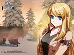  2003 :3 bear blonde_hair blue_eyes forest jacket long_hair mabinogi nature pine_tree smile snow solo tree v-neck wallpaper watermark web_address 