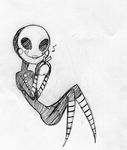  2015 ambiguous_gender animatronic anthro apple black_and_white five_nights_at_freddy&#039;s five_nights_at_freddy&#039;s_2 food fruit holding_object humanoid inkyfrog machine marionette_(fnaf) mask monochrome musical_note robot simple_background sitting smile traditional_media_(artwork) video_games white_background 