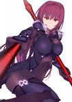  bodysuit breasts covered_navel fate/grand_order fate_(series) gae_bolg large_breasts long_hair looking_at_viewer pauldrons polearm purple_bodysuit purple_hair red_eyes scathach_(fate)_(all) scathach_(fate/grand_order) simple_background solo spear tafks weapon white_background 