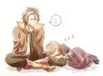  1boy 1girl alvin_(tales) belt boots brown_eyes brown_hair coat dress elize_lutus eyes_closed frills long_hair pants ribbon scarf short_hair sleeping tales_of_(series) tales_of_xillia 