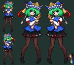  bad_id bad_pixiv_id bangs black_footwear black_skirt blue_eyes brown_legwear buttons closed_mouth color_guide dark_background eyebrows_visible_through_hair frilled_hat frills full_body green_hair hat holding juliet_sleeves loafers long_sleeves looking_at_viewer multiple_views pantyhose pixel_art pleated_skirt puffy_sleeves red_ribbon ribbon ribbon-trimmed_skirt ribbon_trim rod_of_remorse shiki_eiki shoes short_hair simple_background skirt smile standing takorin touhou 
