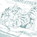  abs back_muscles biceps clothing dragon hair hyper hyper_muscles kuroma liquid looking_at_viewer male monochrome muscular pecs pool_(disambiguation) quads reptile scalie scar sketch solo spikes thick_tail thong triceps water wet 