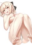  ahoge ass bad_id bad_pixiv_id bare_legs barefoot blonde_hair blush breasts covering covering_breasts fate_(series) fundoshi green_eyes half_updo japanese_clothes knees_together_feet_apart koha-ace looking_at_viewer lying medium_breasts no_bra no_pants okita_souji_(fate) okita_souji_(fate)_(all) on_back open_mouth p!nta simple_background soles solo teeth toes topless white_background 