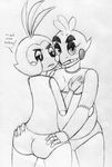  2015 animatronic anthro avian bird black_and_white blush breast_grab breasts butt chica_(fnaf) chicken dialogue duo english_text female female/female five_nights_at_freddy&#039;s five_nights_at_freddy&#039;s_2 half-closed_eyes hand_on_breast hip_grab inkyfrog machine monochrome robot simple_background text toy_chica_(fnaf) traditional_media_(artwork) video_games white_background 