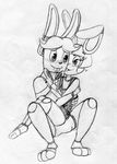  &lt;3 2015 animatronic anthro black_and_white blush bonnie_(fnaf) bow_tie buckteeth duo five_nights_at_freddy&#039;s five_nights_at_freddy&#039;s_2 hug inkyfrog lagomorph machine male male/male mammal monochrome on_lap rabbit robot simple_background sitting sitting_on_lap smile teeth toy_bonnie_(fnaf) traditional_media_(artwork) video_games white_background 