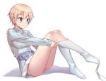  bangs belt_pouch blonde_hair blue_sweater brave_witches breasts closed_mouth dressing eyebrows_visible_through_hair from_side full_body fur_trim kneehighs knees_up konnyaku_(kk-monmon) leg_up long_sleeves looking_at_viewer medium_breasts nikka_edvardine_katajainen no_pants no_shoes panties pantyhose pantyhose_pull pouch ribbed_sweater shadow shiny shiny_hair short_hair simple_background smile solo sweater turtleneck turtleneck_sweater underwear white_background white_legwear white_panties world_witches_series 