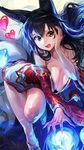  ahri animal_ears bad_id bad_pixiv_id bare_shoulders black_hair breasts cleavage cropped detached_sleeves facial_mark fang fox_ears fox_tail korean_clothes large_breasts league_of_legends lips long_hair low_neckline multiple_tails open_mouth slit_pupils solo tail whisker_markings yellow_eyes 