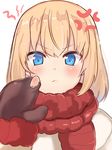  &gt;:( anger_vein black_gloves black_mittens blonde_hair blue_eyes blush bob_cut coat frown fur_trim girls_und_panzer gloves highres hole hole_in_mitten katyusha mittens red_scarf scarf short_hair solo untsue v-shaped_eyebrows white_coat 