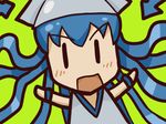  &gt;=&lt; blue_hair coyc eyebrows green_background hat ikamusume outstretched_arms shinryaku!_ikamusume squid_hat tentacle_hair 