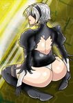  1girl android artist_request ass black_dress black_hairband blindfold breasts dress from_behind hairband huge_ass leotard nier_(series) nier_automata shiny shiny_clothes shiny_hair shiny_skin sideboob silver_hair smile solo thighhighs thong wariza yorha_unit_no._2_type_b 
