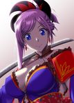  blue_eyes breasts detached_sleeves earrings fate/grand_order fate_(series) hair_ornament highres japanese_clothes jewelry katana large_breasts lavender_hair looking_at_viewer miyamoto_musashi_(fate/grand_order) mottio obi ponytail sash smile solo sword thighhighs weapon 