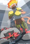  anthro boxing_gloves drooling dutch_angle featureless_crotch feline fight fighting_ring flaming_hair hair hisashino incineroar infernape looking_down lying mammal nintendo on_front pok&eacute;mon primate saliva standing sweat tusks video_games 