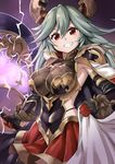  &gt;:) armor armpits bangs blush breasts commentary_request cowboy_shot draph electricity gloves granblue_fantasy grey_hair grin hair_between_eyes highres holding holding_weapon horns large_breasts long_hair looking_at_viewer nobori_ranzu pauldrons red_eyes red_skirt skirt smile solo thalatha_(granblue_fantasy) v-shaped_eyebrows weapon 