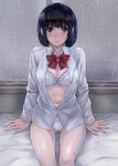  arm_support ass_visible_through_thighs black_hair bow bowtie bra breasts cleavage highres indoors kuzu_no_honkai large_breasts looking_at_viewer nagayori navel no_pants panties purple_eyes rain school_uniform short_hair solo underwear water_drop window yasuraoka_hanabi 