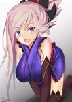  :d all_fours artist_name bare_shoulders blue_eyes blurry blush breasts covered_nipples depth_of_field fate/grand_order fate_(series) folded_ponytail hanging_breasts highres kesoshirou large_breasts long_hair looking_at_viewer miyamoto_musashi_(fate/grand_order) open_mouth pink_hair smile solo thighhighs 