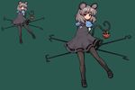  animal_ears arms_behind_back bad_id bad_pixiv_id bangs basket black_dress black_footwear black_legwear capelet closed_mouth dowsing_rod dress eyebrows_visible_through_hair full_body green_background grey_hair jewelry looking_at_viewer mouse mouse_ears mouse_tail multiple_views nazrin necklace pantyhose pendant pixel_art red_eyes shoes simple_background smile standing tail takorin touhou 