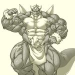  abs anthro biceps cloth dragon flexing grey_skin hair horn hyper hyper_muscles kuroma light_skin looking_at_viewer male muscular pecs pose pubes quads reptile scalie sharp_teeth smile snout solo spikes symbol tattoo teeth thick_tail triceps white_hair 