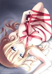  bismarck_(kantai_collection) blonde_hair blue_eyes breasts groin hair_between_eyes kantai_collection large_breasts long_hair looking_at_viewer mimelex naked_ribbon perspective red_ribbon ribbon skindentation smile solo untying upside-down 
