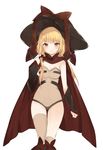  bangs black_hat blonde_hair blush boots breasts brown_eyes brown_legwear brown_leotard brown_ribbon cleavage cloak commentary detached_sleeves eyebrows_visible_through_hair hand_up hat leotard long_hair looking_at_viewer low_twintails lpip medium_breasts mismatched_legwear open_mouth original over-kneehighs ribbon simple_background smile solo thighhighs twintails white_background witch_hat 
