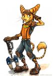  alien anthro armor clothing cute feline footwear gloves headwear kenket lombax mammal pants ratchet ratchet_and_clank simple_background standing tools video_games weapon white_background wrench 