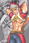  1boy abs belt circlet eyeliner eyeshadow fang fur_trim makeup male_focus monkey_tail multicolored_hair musou_orochi nipples pants red_hair solo sun_wukong_(musou_orochi) tattoo tokisige two-tone_hair white_hair yellow_eyes 