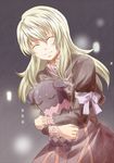  1girl blush brown_hair doll dress elize_lutus eyes_closed frills long_hair necklace ribbon smile tales_of_(series) tales_of_xillia teepo_(tales) 