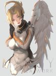  :d alternate_wings angel_wings black_gloves blonde_hair blue_eyes bodysuit breast_squeeze breasts character_name covered_navel emblem feathered_wings gloves grey_background hands_together high_ponytail highres large_breasts looking_at_viewer mechanical_halo mercy_(overwatch) open_mouth overwatch pandea_work praying simple_background skin_tight smile solo swiss_flag teeth upper_body white_wings wings 
